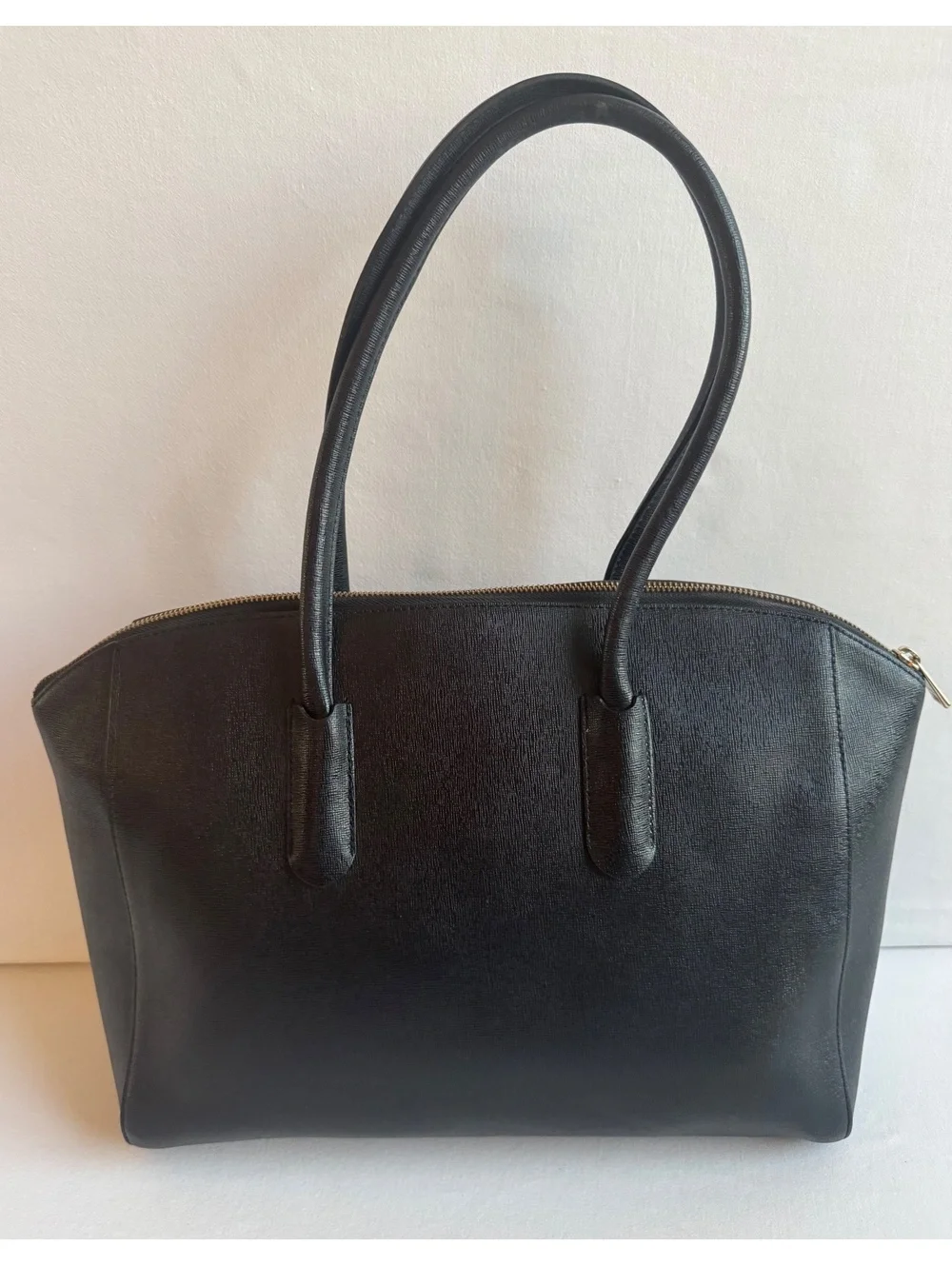 Furla Tessa Large Tote Black Saffiano Leather Gold F Charm Zip Top